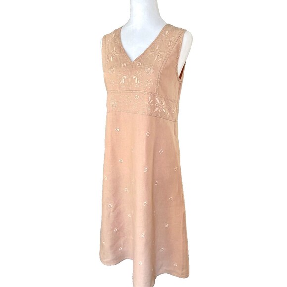 J. Jill Linen Emboidered Midi Dress Sz XS High Waist Fairy Cottage Boho Regency - Picture 2 of 11